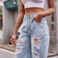 Ripped Denim Washed Mid Rise Long Mom Shorts