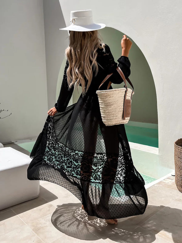 Chiffon Sheer Lace Long Cardigan Swimsuit Coverup or Top