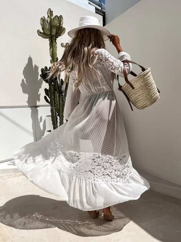 Chiffon Sheer Lace Long Cardigan Swimsuit Coverup or Top