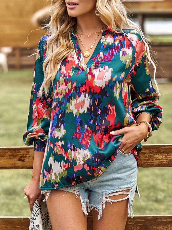 Bold Floral Notched Neck Blouse
