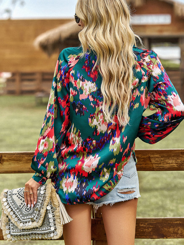 Bold Floral Notched Neck Blouse