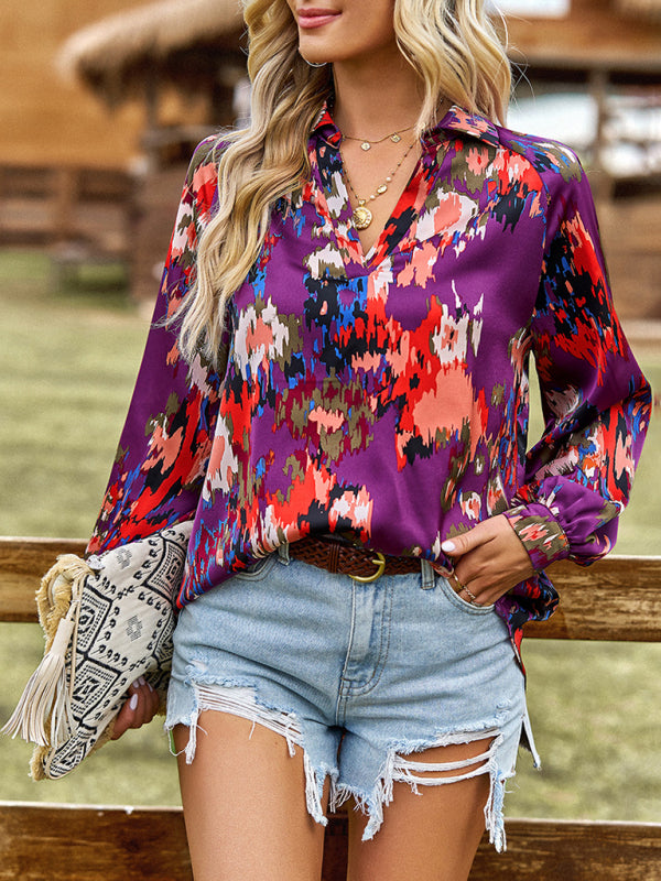 Bold Floral Notched Neck Blouse