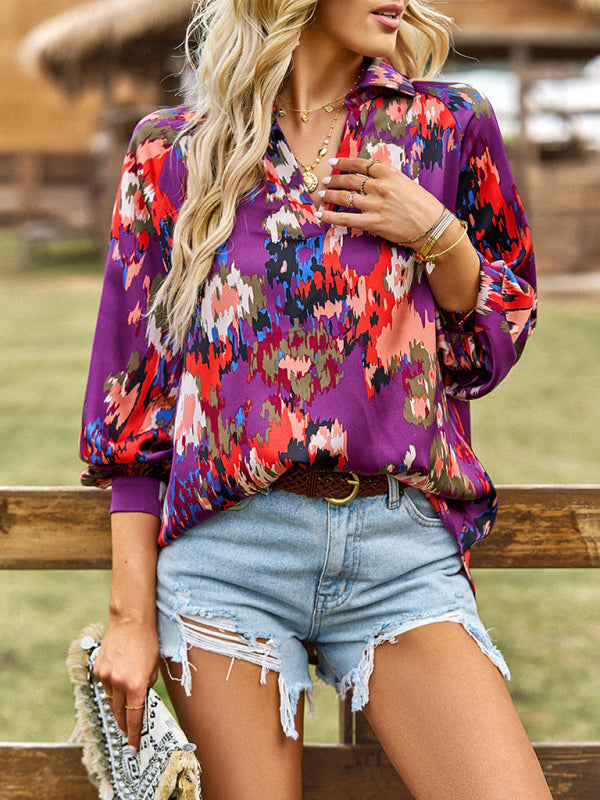 Bold Floral Notched Neck Blouse