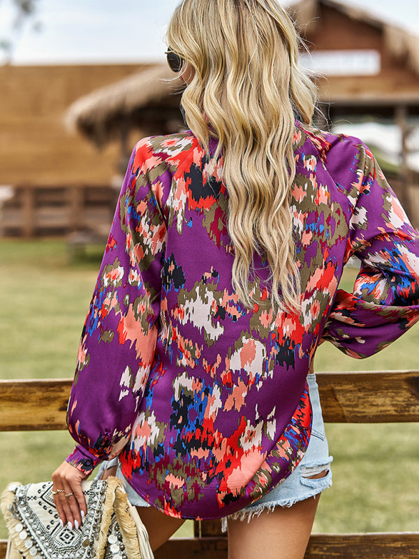 Bold Floral Notched Neck Blouse