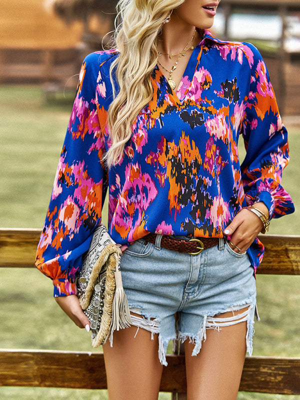 Bold Floral Notched Neck Blouse