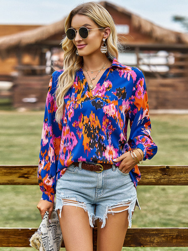 Bold Floral Notched Neck Blouse
