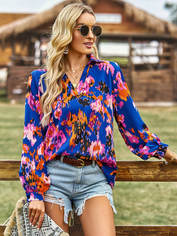 Bold Floral Notched Neck Blouse