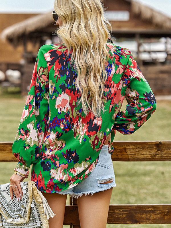 Bold Floral Notched Neck Blouse