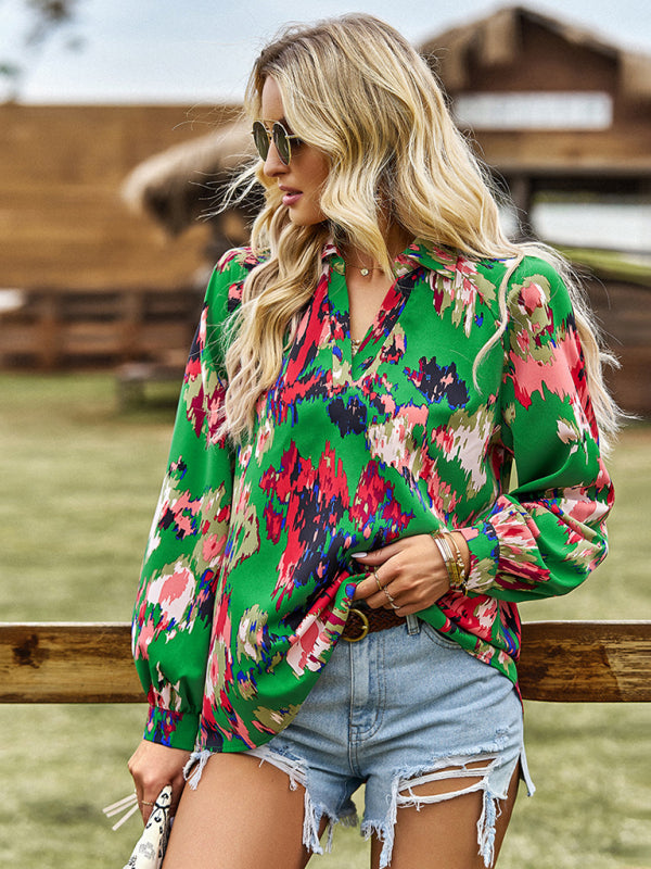 Bold Floral Notched Neck Blouse