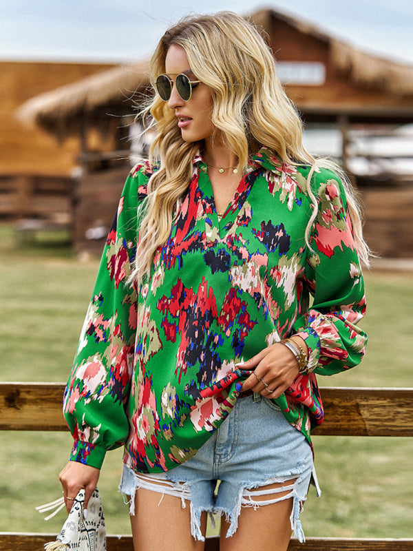 Bold Floral Notched Neck Blouse