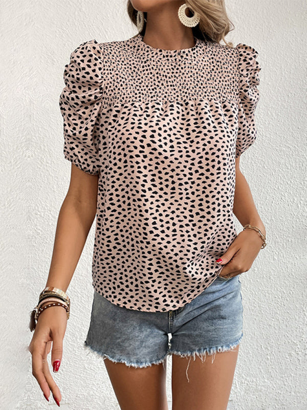 Leopard Print Round Neck Puff Sleeve Shirt