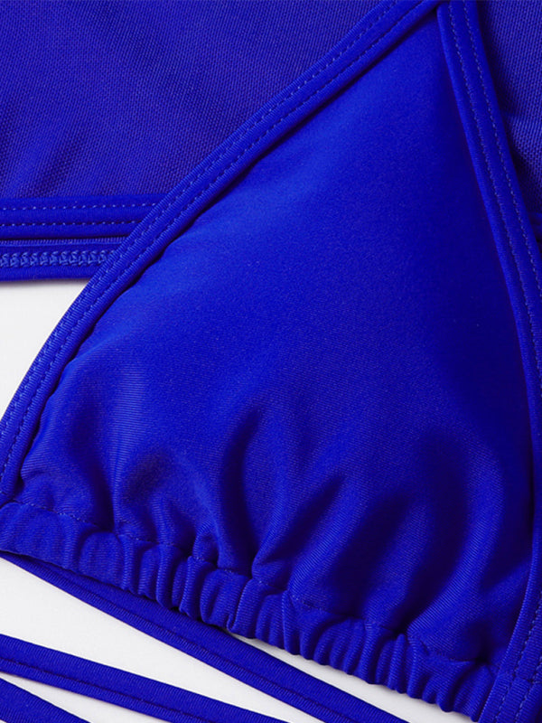 Solid Color High Cut Waist Long Sleeve Cutout Three-Piece Bikini Swimsuit
