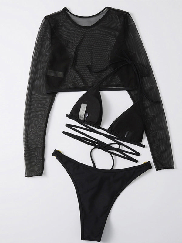 Solid Color High Cut Waist Long Sleeve Cutout Three-Piece Bikini Swimsuit