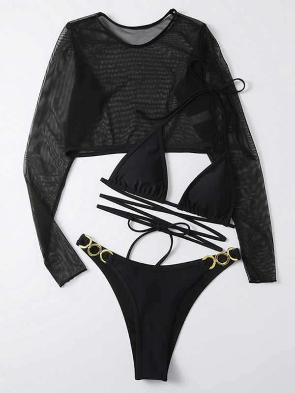 Solid Color High Cut Waist Long Sleeve Cutout Three-Piece Bikini Swimsuit