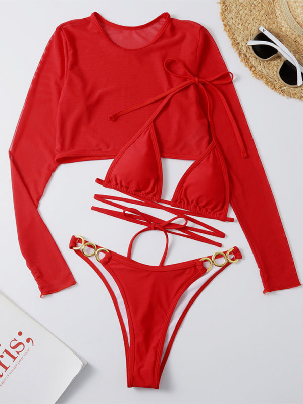 Solid Color High Cut Waist Long Sleeve Cutout Three-Piece Bikini Swimsuit