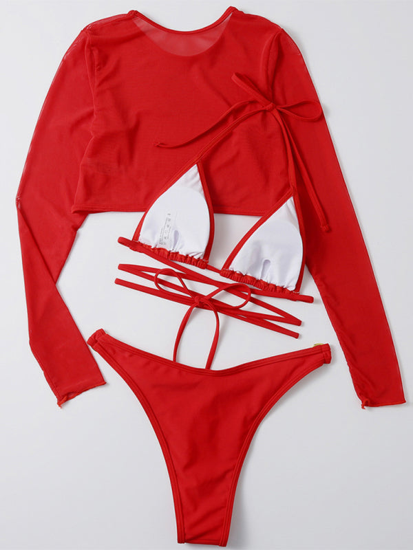 Solid Color High Cut Waist Long Sleeve Cutout Three-Piece Bikini Swimsuit