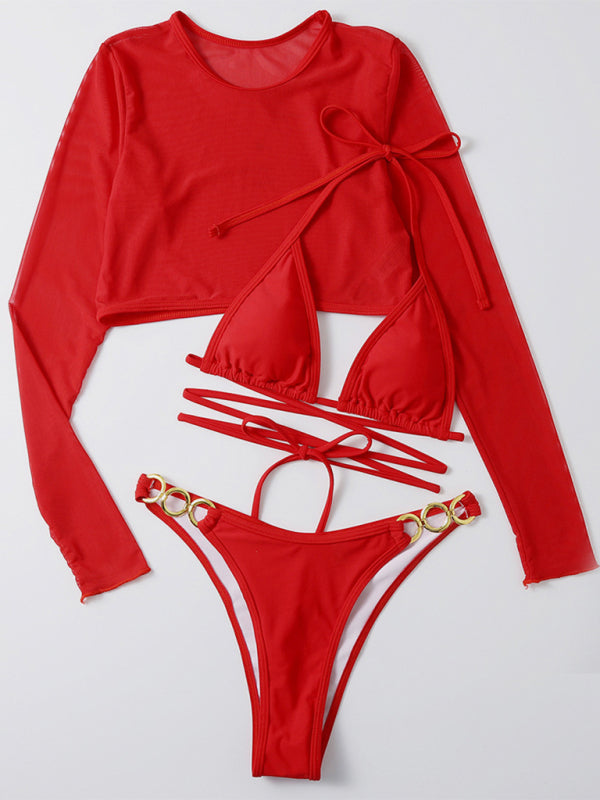 Solid Color High Cut Waist Long Sleeve Cutout Three-Piece Bikini Swimsuit