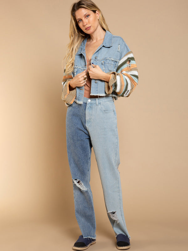 Boho Denim Rainbow Distressed Knit Sleeves Jacket