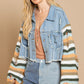 Boho Denim Rainbow Distressed Knit Sleeves Jacket