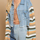 Boho Denim Rainbow Distressed Knit Sleeves Jacket