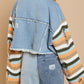 Boho Denim Rainbow Distressed Knit Sleeves Jacket