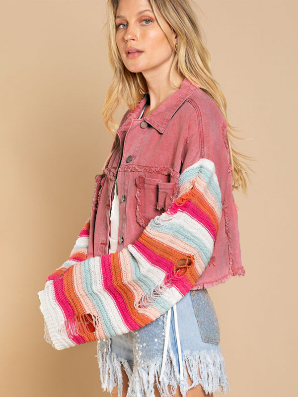 Boho Denim Rainbow Distressed Knit Sleeves Jacket