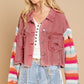 Boho Denim Rainbow Distressed Knit Sleeves Jacket