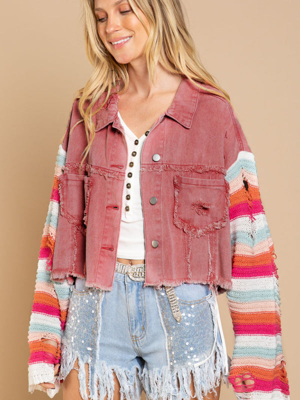 Boho Denim Rainbow Distressed Knit Sleeves Jacket