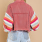 Boho Denim Rainbow Distressed Knit Sleeves Jacket