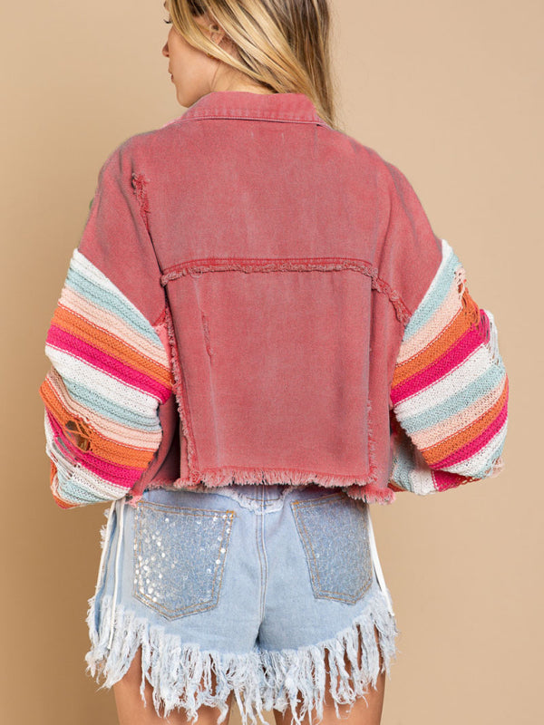 Boho Denim Rainbow Distressed Knit Sleeves Jacket