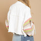 Boho Denim Rainbow Distressed Knit Sleeves Jacket
