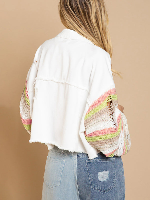 Boho Denim Rainbow Distressed Knit Sleeves Jacket