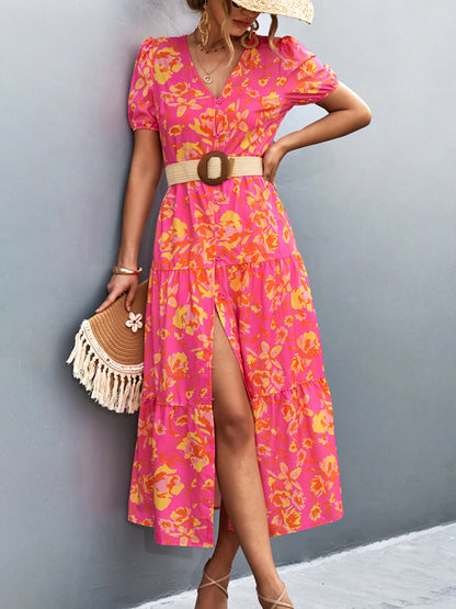 Hawaiian Floral Short Sleeve Long Slit Dress