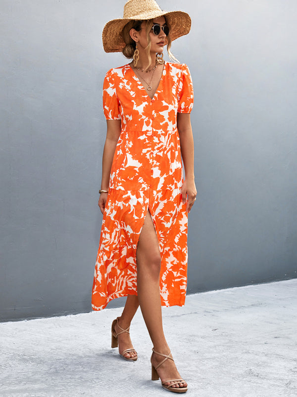 Hawaiian Floral Short Sleeve Long Slit Dress