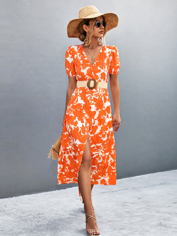 Hawaiian Floral Short Sleeve Long Slit Dress