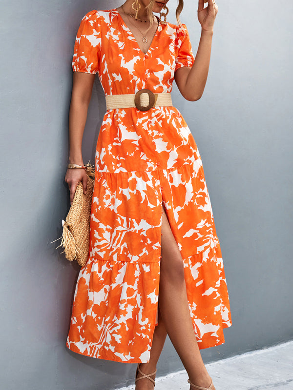 Hawaiian Floral Short Sleeve Long Slit Dress
