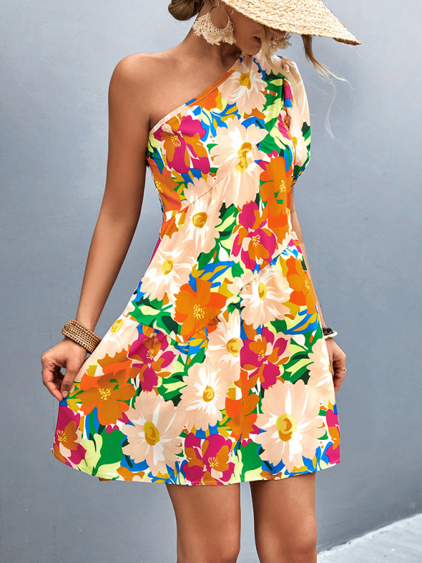 Summery Floral One Shoulder Diagonal Dress