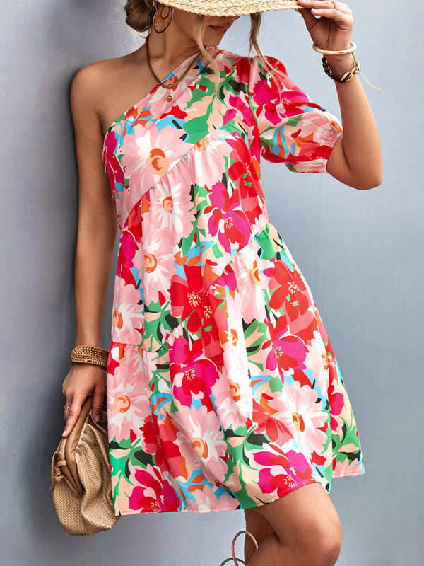 Summery Floral One Shoulder Diagonal Dress