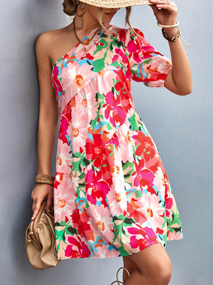 Summery Floral One Shoulder Diagonal Dress