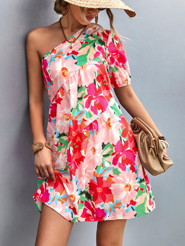 Summery Floral One Shoulder Diagonal Dress
