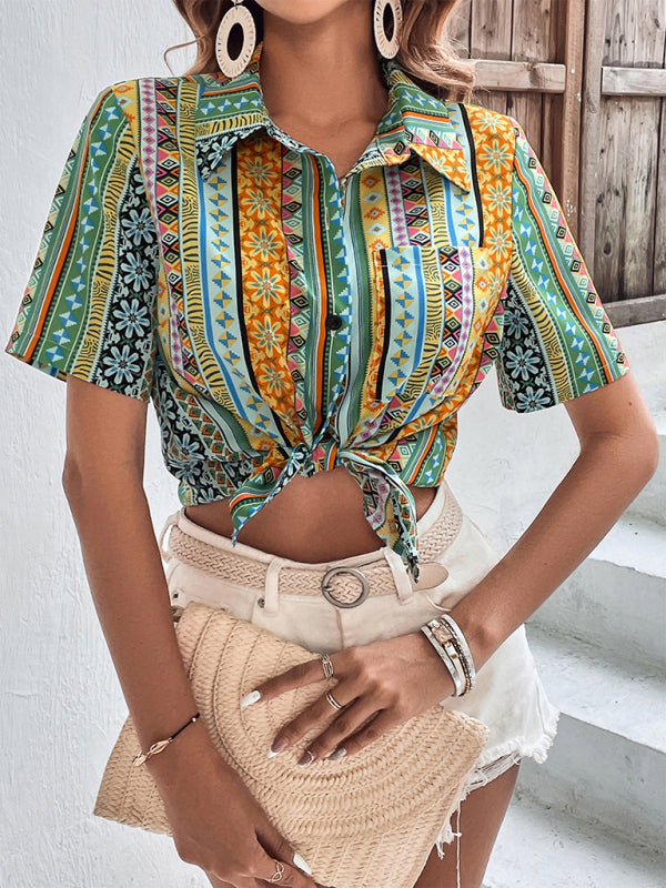 Bright Floral Aztec Short Sleeve Button Up Shirt