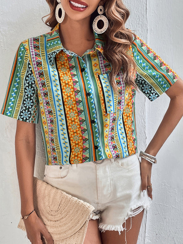 Bright Floral Aztec Short Sleeve Button Up Shirt