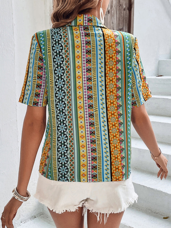 Bright Floral Aztec Short Sleeve Button Up Shirt