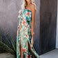 Green Floral High Slit Strapless Maxi Dress