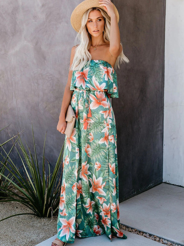 Green Floral High Slit Strapless Maxi Dress