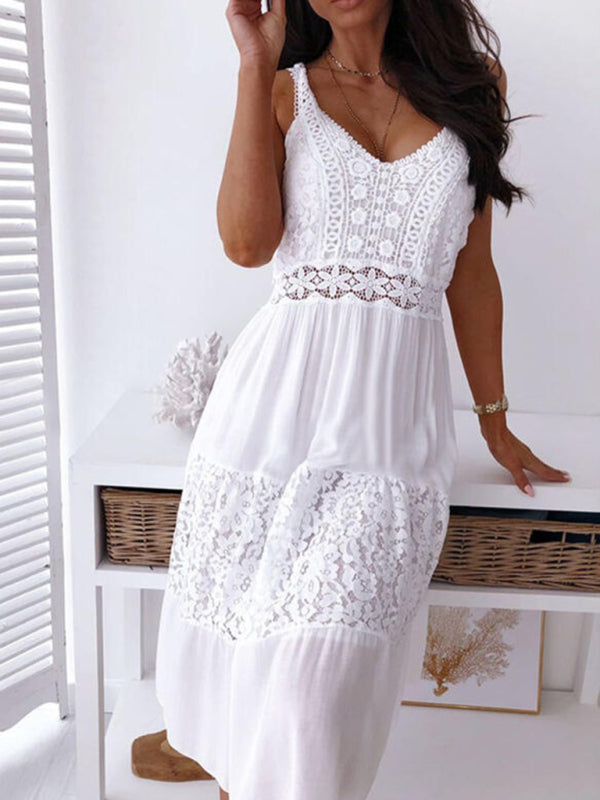 White Lace Inlay Tank Style Midi Dress