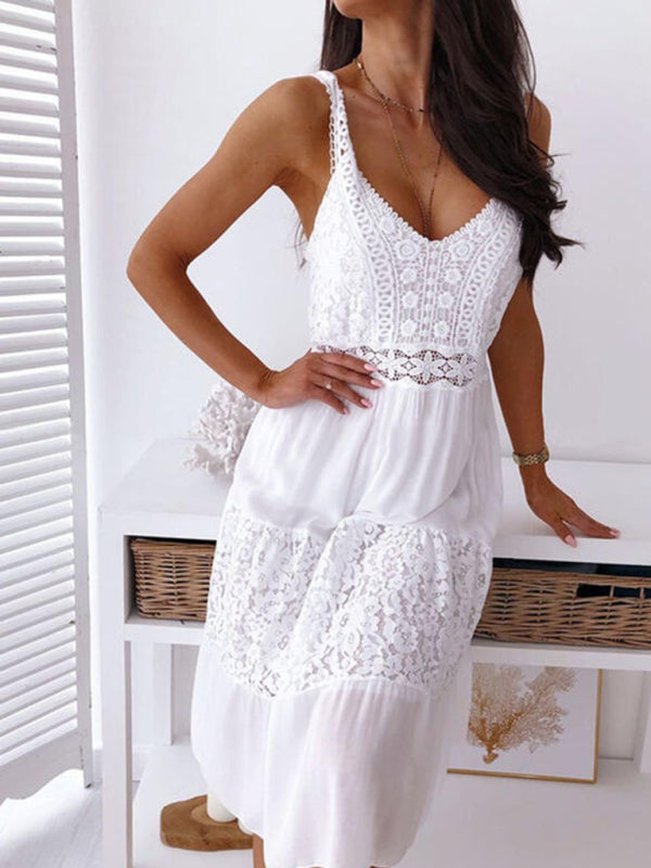 White Lace Inlay Tank Style Midi Dress