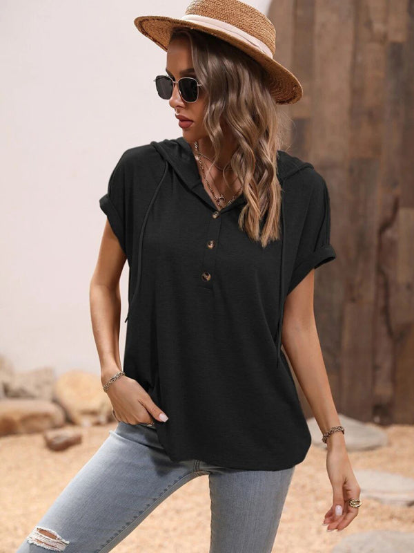 Basic Solid Color Loose Hooded Short Sleeve Top