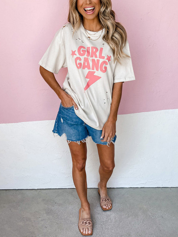Girl Gang Distressed Round Neck Graphic T-Shirt