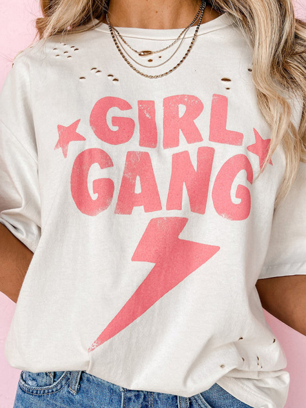 Girl Gang Distressed Round Neck Graphic T-Shirt
